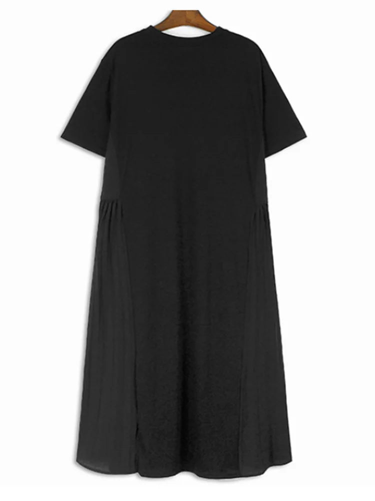 Women Black Pocket Pleated Big Size Midi Casual Dress New Round Neck Short Sleeve Fashion Tide Spring Summer 2025 1DJ0137