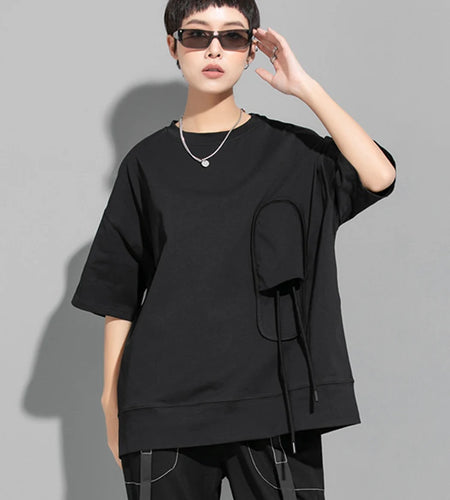 Women Black 3d Patch Spliced Big Size Casual T-shirt New Round Neck Short Sleeve Fashion Tide Spring Summer 2025  1DJ1777