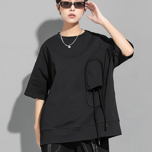 Load image into Gallery viewer, Women Black 3d Patch Spliced Big Size Casual T-shirt New Round Neck Short Sleeve Fashion Tide Spring Summer 2025  1DJ1777
