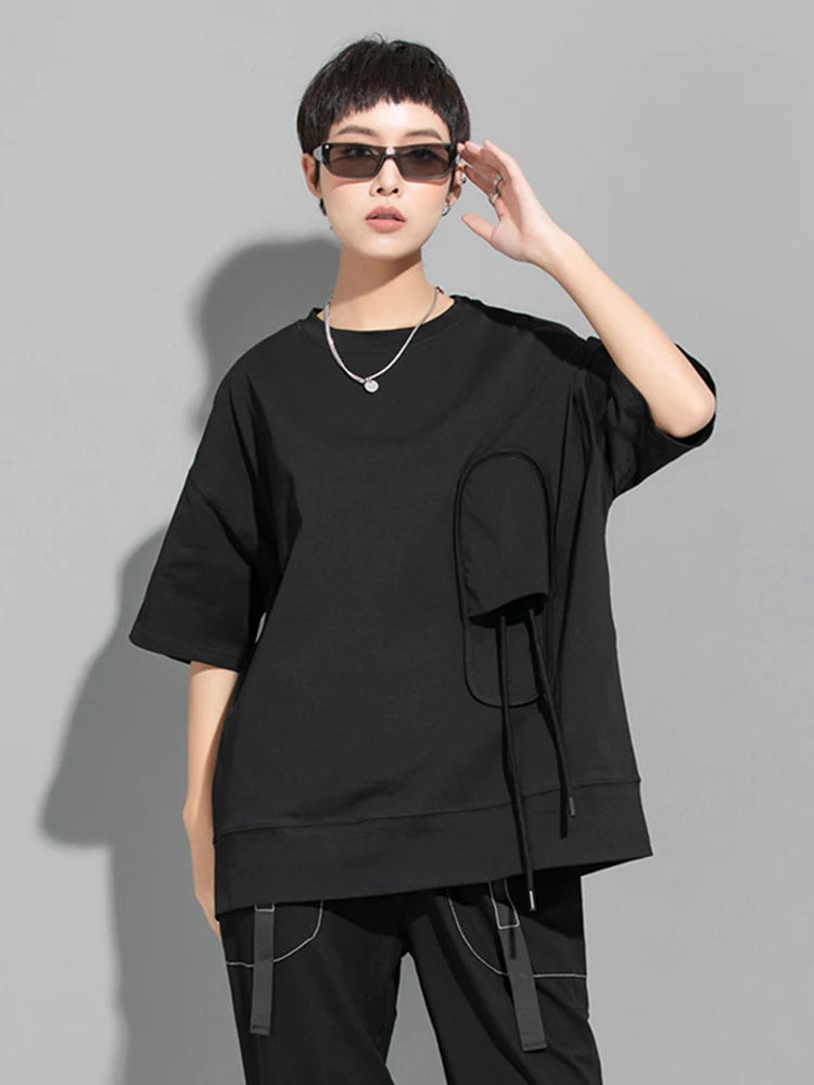 Women Black 3d Patch Spliced Big Size Casual T-shirt New Round Neck Short Sleeve Fashion Tide Spring Summer 2025  1DJ1777