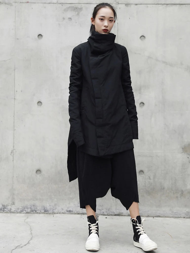 Woman Irregular Long Type Cotton-padded Clothes Loose Coat New Fashion Winter Stand Collar Solid Black Jacket 2025  YA771