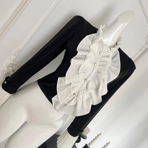 Load image into Gallery viewer, French Women Black White Patchwork Elegant Ruffles Blouse Autumn Fashion Long Sleeve Pleated Shirt Vintage Festival Short Tops
