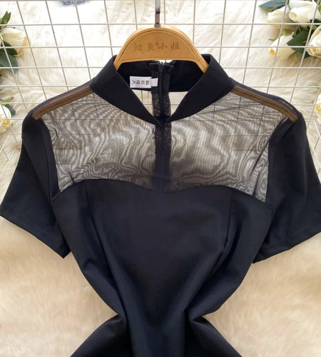 French Retro 2025 Summer New Black Patchwork Mesh Elegant Short Sleeves Dress Women Chinese Style Slim Evening Party Split Dress