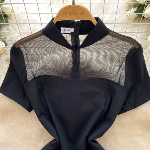 Load image into Gallery viewer, French Retro 2025 Summer New Black Patchwork Mesh Elegant Short Sleeves Dress Women Chinese Style Slim Evening Party Split Dress
