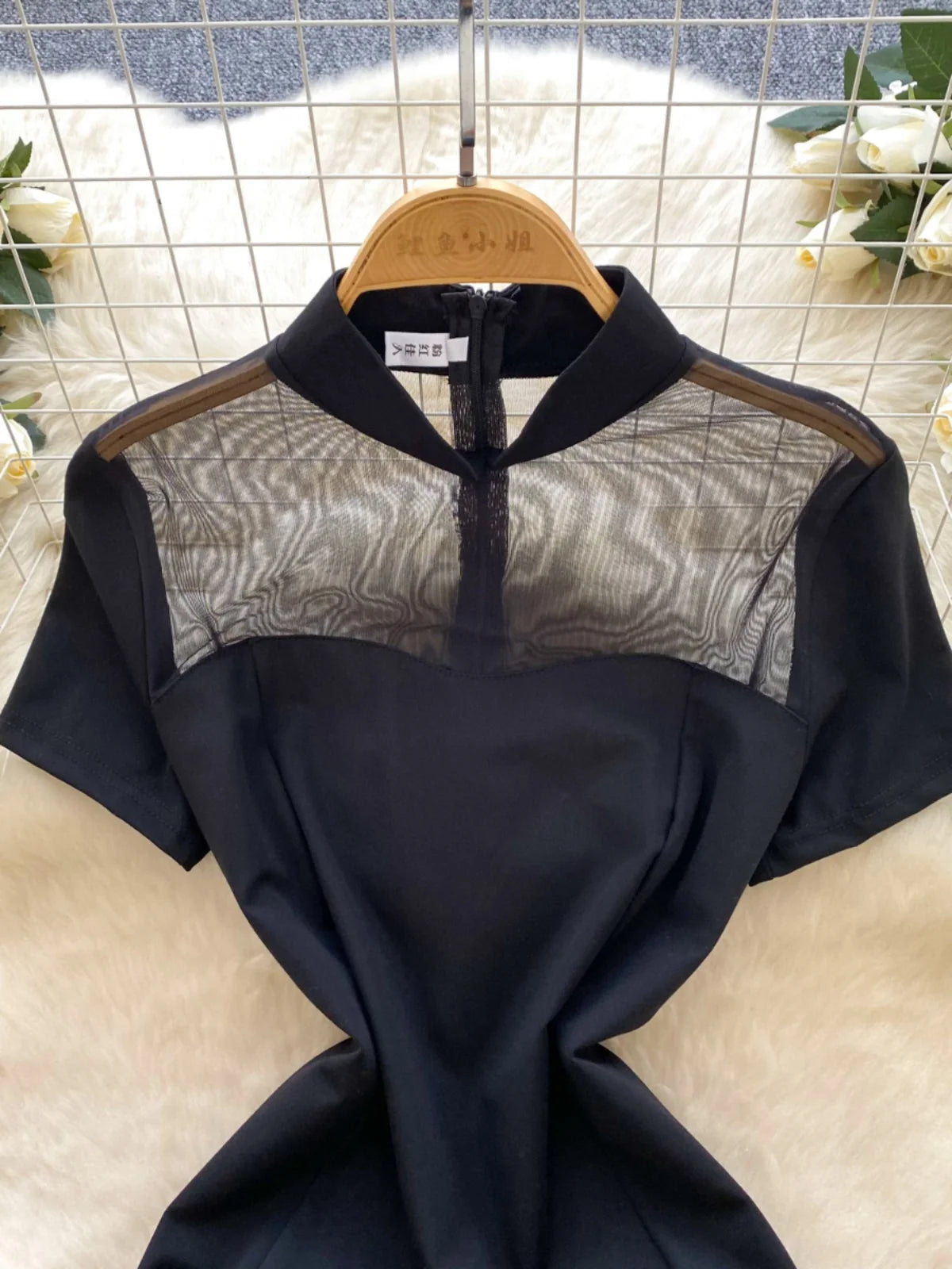 French Retro 2025 Summer New Black Patchwork Mesh Elegant Short Sleeves Dress Women Chinese Style Slim Evening Party Split Dress