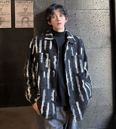 Korean Style Men's Jackets Lapel Striped Single Breasted Casual Tops Contrast Color Loose Male Coats Winter Trendy 9C9201