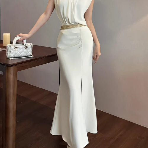Load image into Gallery viewer, Solid Temperament Two Piece Set For Women V Neck Sleeveless Top High Waist Slimming Skirt Elegant Sets Female New
