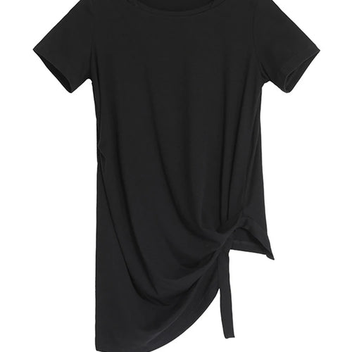 Load image into Gallery viewer, Women Black Irregular Hem Pleated Casual T-shirt New Round Neck Short Sleeve Fashion Tide Spring Summer 2025 1DJ1766

