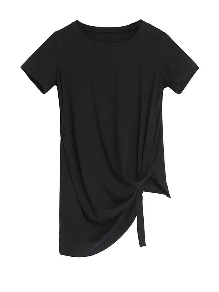 Women Black Irregular Hem Pleated Casual T-shirt New Round Neck Short Sleeve Fashion Tide Spring Summer 2025 1DJ1766