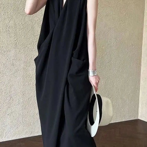 Load image into Gallery viewer, Women Orange Pocket Knot Elegant  Long Big Size Dress New V-Neck Sleeveless Fashion Tide Spring Summer 2025 1DH6380
