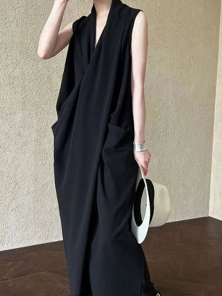 Women Orange Pocket Knot Elegant  Long Big Size Dress New V-Neck Sleeveless Fashion Tide Spring Summer 2025 1DH6380