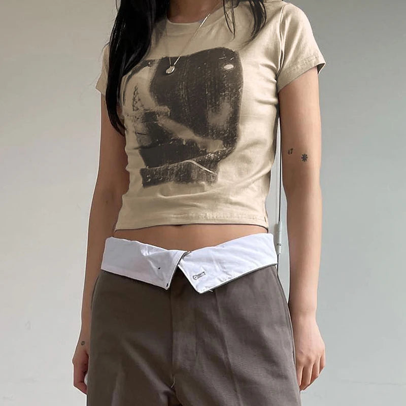 Casual Basic Vintage Bodycon Summer Women T-shirts Crop Top Korean Fashion Printed Slim Tee Clothes Short Sleeve