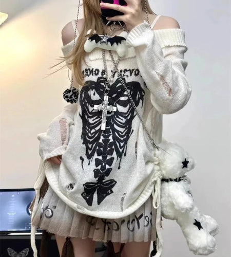Japanese Off Shoulder Harajuku Sweater Y2k Women Gothic Punk Knitted Vintage Skull Jumpers Grunge Hollow Out Pullovers Kintwear