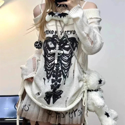 Load image into Gallery viewer, Japanese Off Shoulder Harajuku Sweater Y2k Women Gothic Punk Knitted Vintage Skull Jumpers Grunge Hollow Out Pullovers Kintwear
