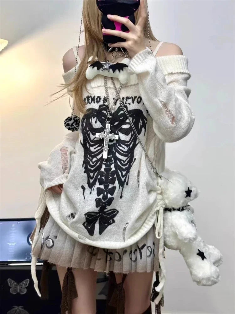 Japanese Off Shoulder Harajuku Sweater Y2k Women Gothic Punk Knitted Vintage Skull Jumpers Grunge Hollow Out Pullovers Kintwear