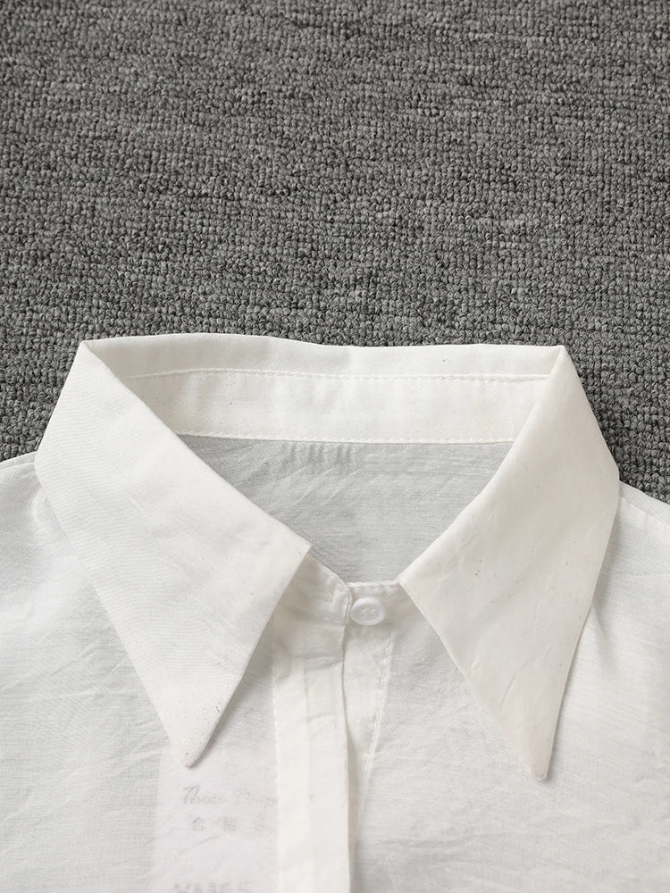 Women White Burr Hem Bandage Thin Elegant Blouse New Lapel Long Sleeve Shirt Fashion Tide Spring Autumn 2025 1DD6706