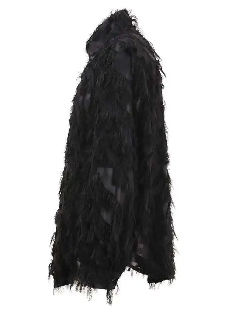 Women Black Tassels Thin Big Size Casual Blouse New Lapel Long Sleeve Shirt Fashion Tide Spring Autumn 2025 CPG1647