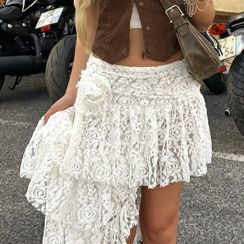 Load image into Gallery viewer, Fashion Design White Summer Lace Skirt Female Asymmetrical Romantic Ruffles Short Skirts Flower Fold Party Retro
