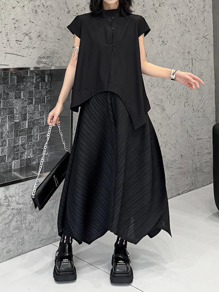 Women Black Irregular Hem Big Size Elegant Blouse New Stand Collar Sleeveless Shirt Fashion Spring Summer 2025 1DJ1465