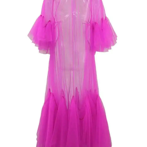 Load image into Gallery viewer, Women Purple Ruffles Mesh Perspective Big Size Long Dress New Round Neck Half Sleeve Fashion Spring Summer 2025 JR7711
