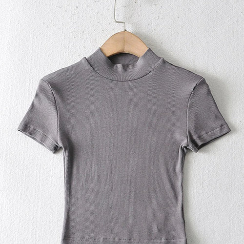 Load image into Gallery viewer, Women High Neck Fitted Short Sleeve T-shirt Rib Crop Rib Top
