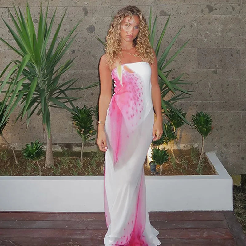 Mesh Floral Print Sexy Maxi Dress For Women Gown Off-shoulder Strapless Sleeveless Backless Bodycon Club Long Dress