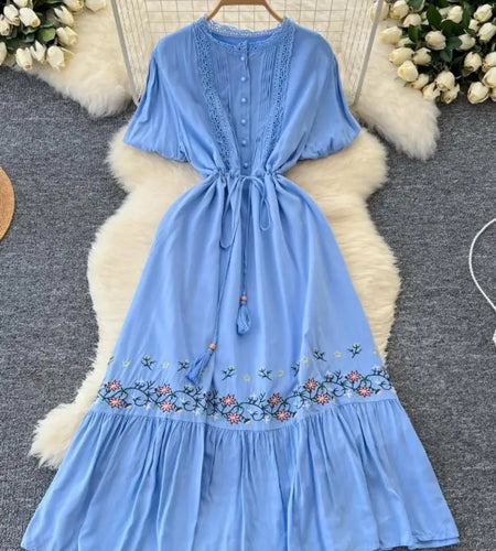 Retro 2024 Summer New Women's Round Neck Embroidered Lace Patchwork Lace Up Long Dresses Fashion Short Sleeves Button Dress Boho