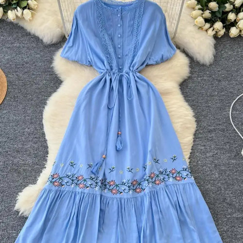 Load image into Gallery viewer, Retro 2024 Summer New Women's Round Neck Embroidered Lace Patchwork Lace Up Long Dresses Fashion Short Sleeves Button Dress Boho
