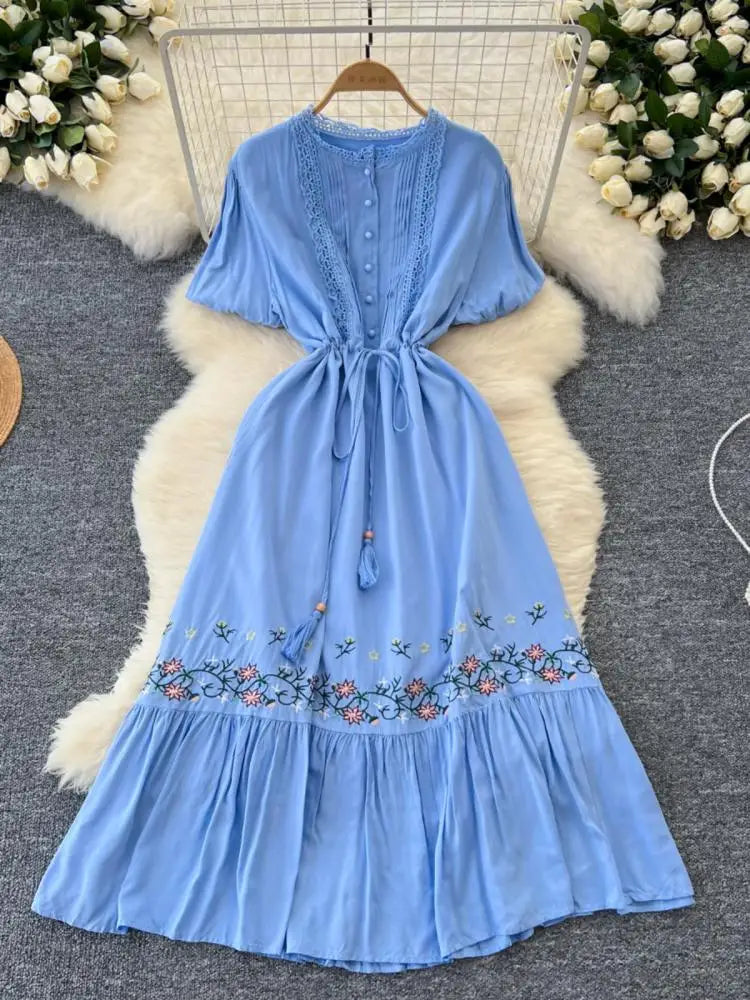 Retro 2024 Summer New Women's Round Neck Embroidered Lace Patchwork Lace Up Long Dresses Fashion Short Sleeves Button Dress Boho