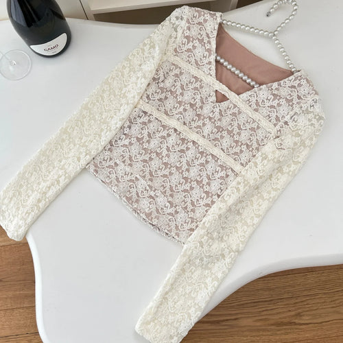 Load image into Gallery viewer, Autumn Vintage Ladies Beige Lace V Neck Pullover T Shirt French Fashion Women Elegant Long Sleeved Short Bottom Tops Simplicity
