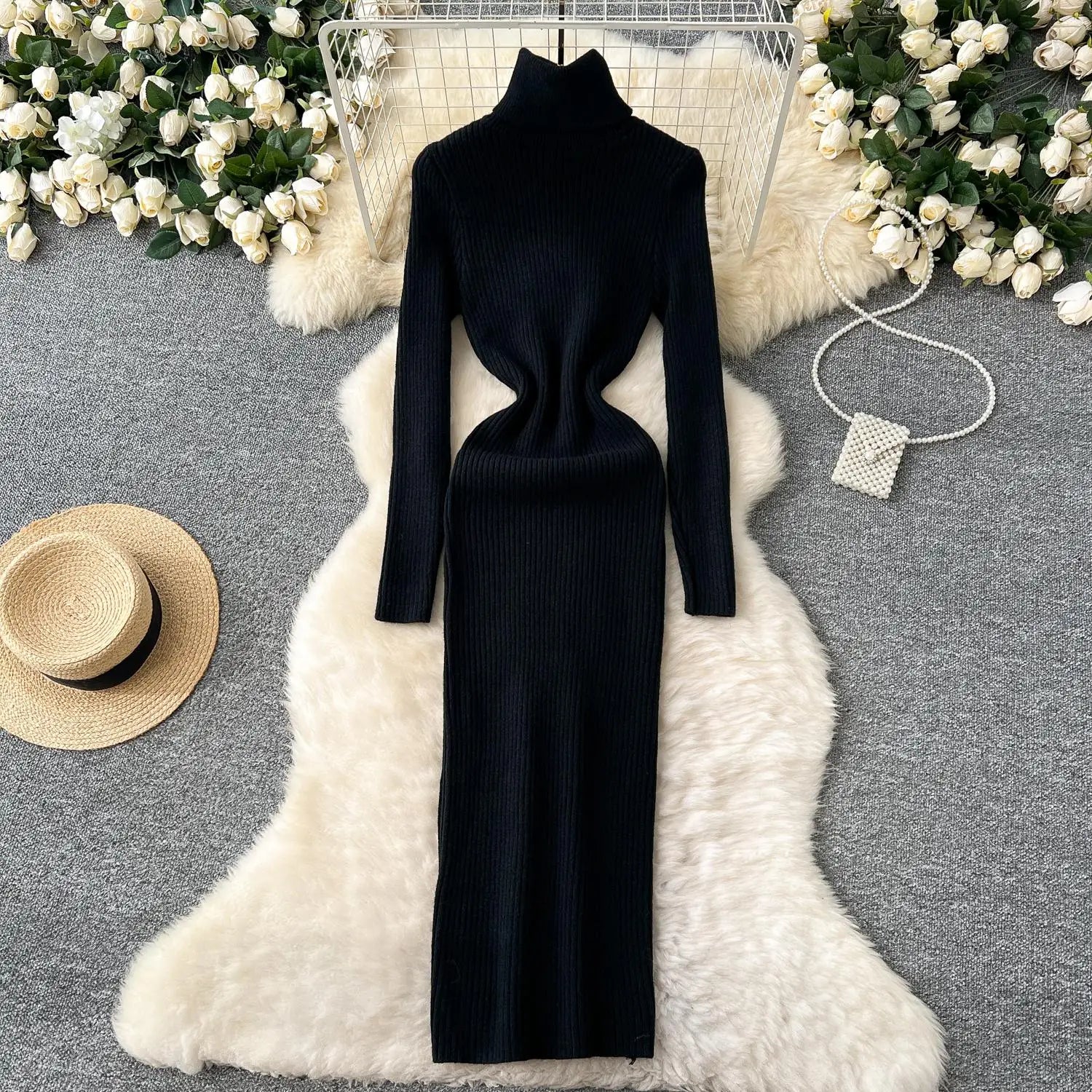 Korean Women Solid High Neck Straight Dresses Autumn Winter Slim Long Sleeve Office Knitted Dress Ladies Simplicity Popular Chic