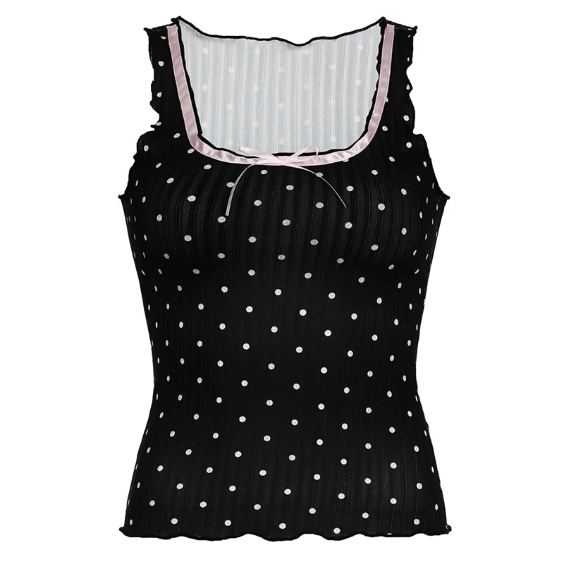 Sweet Gothic Dark Summer Tank Top Short Polka Dot Frill Bow Korean Fashion Vest Sleeveless Top Tees Kawaii Contrast