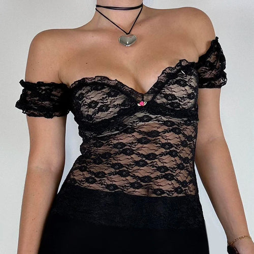 Load image into Gallery viewer, Fashion Square Neck Black Lace T-shirts Sexy Ruched Appliques See Through Crop Top Women Elegant Chic Shirts Summer
