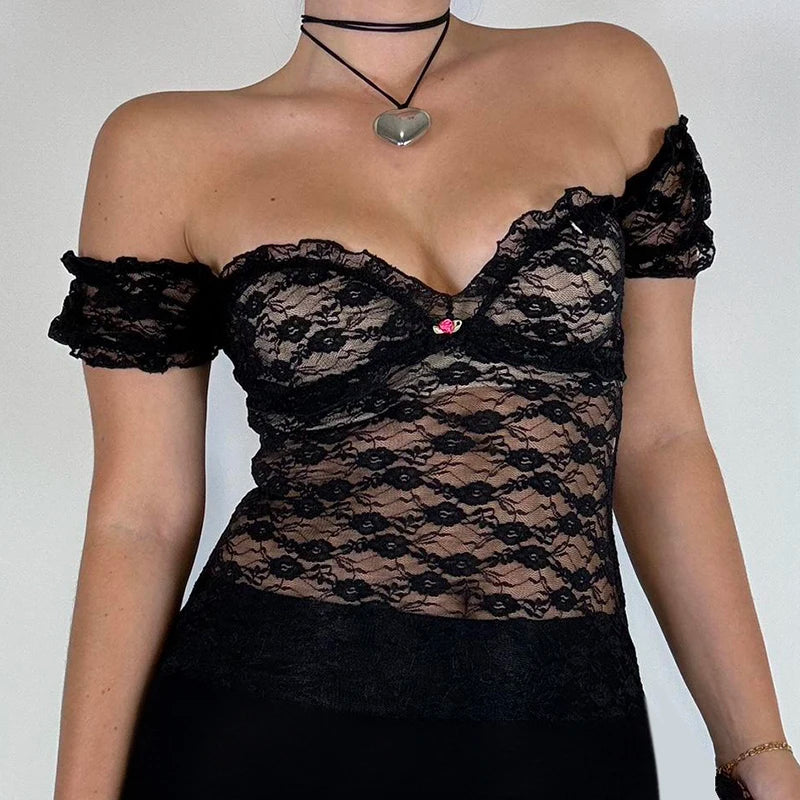 Fashion Square Neck Black Lace T-shirts Sexy Ruched Appliques See Through Crop Top Women Elegant Chic Shirts Summer