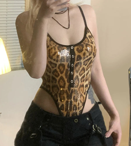 Sexy Sequines Leopard Printed Party Bodysuit Women Contrast Color Skinny Spaghetti Strap One Piece Tops Bling Rompers