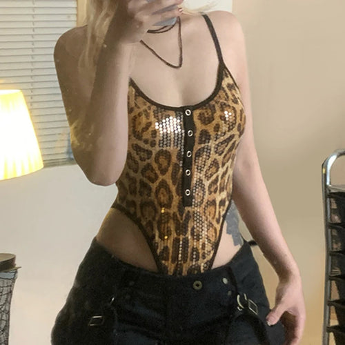 Load image into Gallery viewer, Sexy Sequines Leopard Printed Party Bodysuit Women Contrast Color Skinny Spaghetti Strap One Piece Tops Bling Rompers
