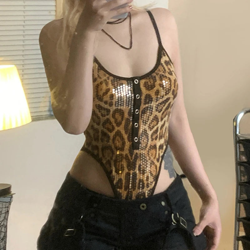 Sexy Sequines Leopard Printed Party Bodysuit Women Contrast Color Skinny Spaghetti Strap One Piece Tops Bling Rompers