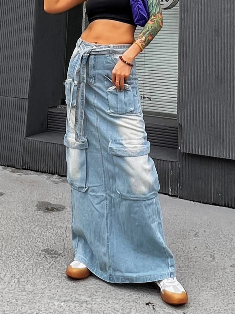 Denim Casual Skirts For Women High Waist Tied Patchwork More Than A Pocket Slimming Skirt Female Fashion Clothing