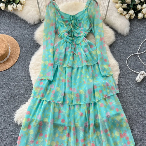 Load image into Gallery viewer, Vintage Autumn Flower Elegant Square Neck Lace-up Cake Dress Women Long Sleeves Festival Pleated Sundress Fashion Bohemian Trend
