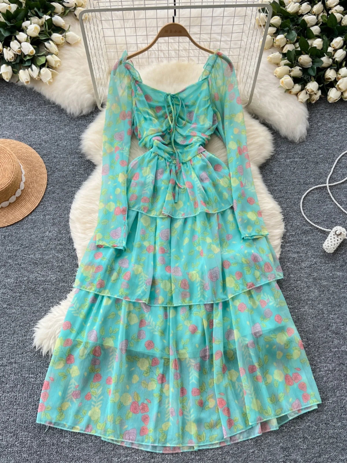 Vintage Autumn Flower Elegant Square Neck Lace-up Cake Dress Women Long Sleeves Festival Pleated Sundress Fashion Bohemian Trend