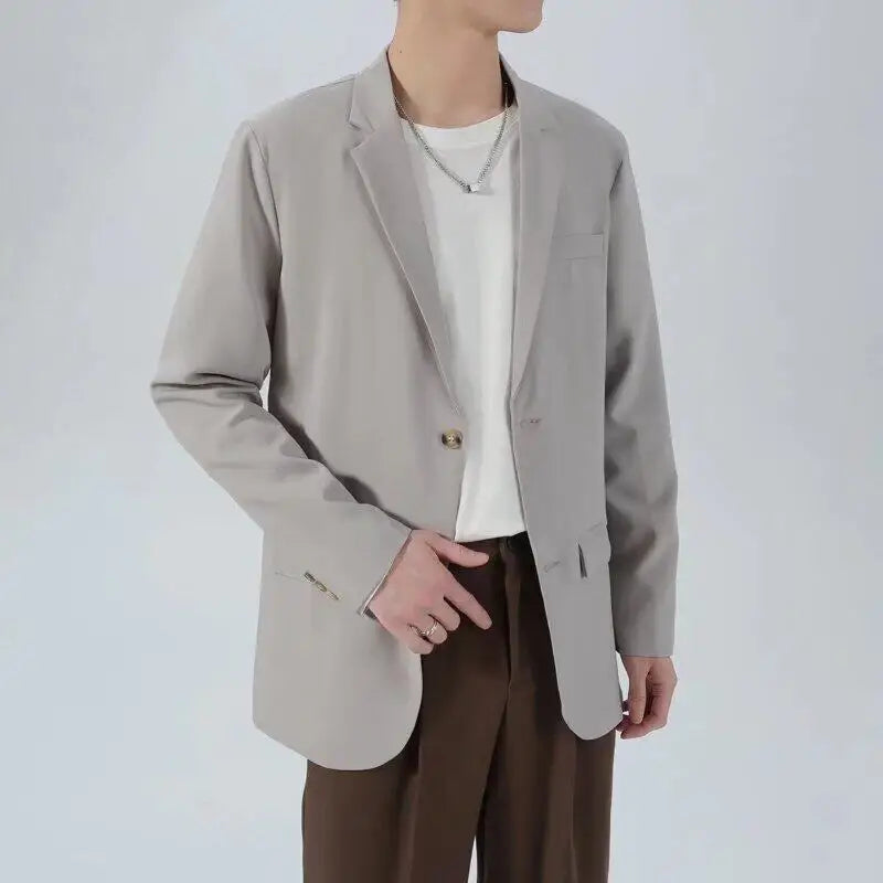 Korean Tide Male Suit Jacket Business Style Turn-down Collar Casual Trendy Top Men's Spring Autumn Loose Simple 9W1217