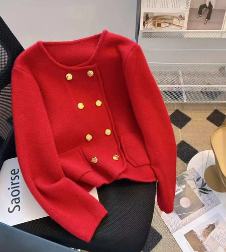 Autumn Winter Red White Long Sleeves Knitted Sweater French Women's Elegant Brown Double Breasted Versatile Pullover Tops Street