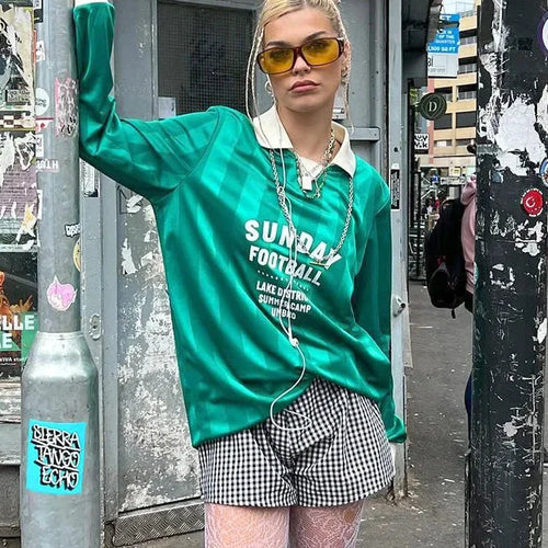 Load image into Gallery viewer, Y2k Graphic Tee Women Green Striped Letter Print Oversized T Shirts Vintage Long Sleeve Tops Autumn 2024 P85-CG29
