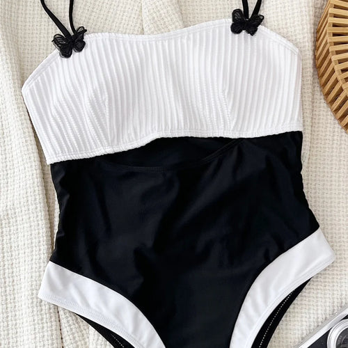 Load image into Gallery viewer, Black White Halter One Piece Swimsuit 2024 Swimwear for Women Sexy Patchwork Bathing Suit High Waist Monokini
