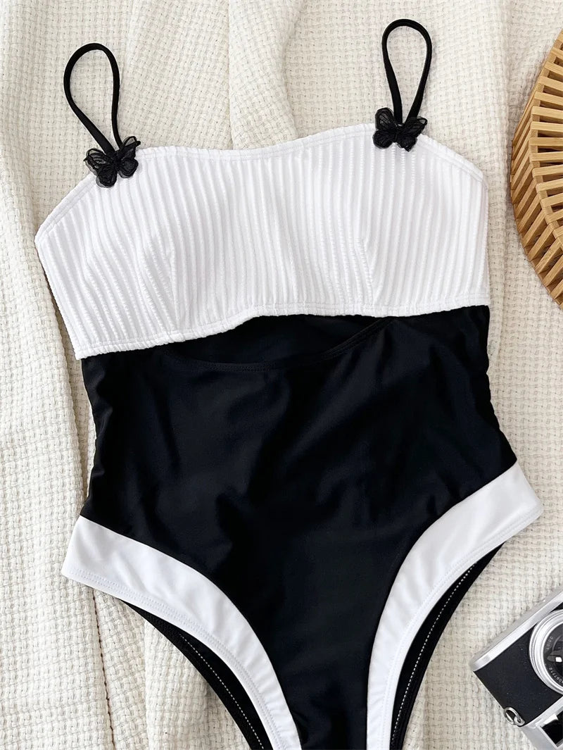 Black White Halter One Piece Swimsuit 2024 Swimwear for Women Sexy Patchwork Bathing Suit High Waist Monokini