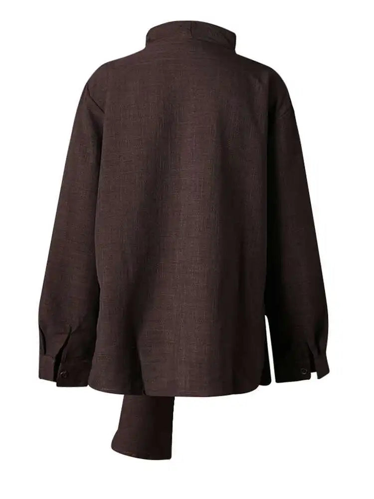 Women Dark Brown Irregular Big Size Elegant Blouse New Scarf Collar Long Sleeve Shirt Fashion Spring Autumn 2025 CPG2867