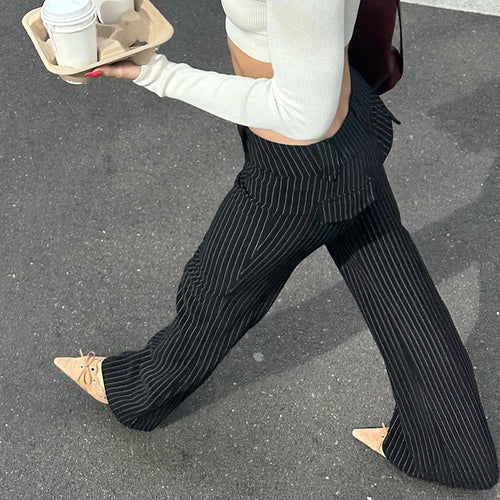 Load image into Gallery viewer, Streetwear Fashion Black Stripe Women Trousers Low Waisted Chic Elegant Flared Pants Chic Ladies Full Length Outfits
