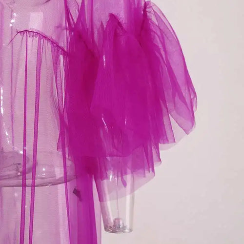 Load image into Gallery viewer, Women Purple Ruffles Mesh Perspective Big Size Long Dress New Round Neck Half Sleeve Fashion Spring Summer 2025 JR7711
