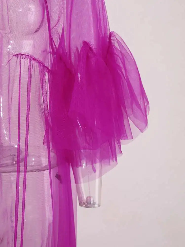 Women Purple Ruffles Mesh Perspective Big Size Long Dress New Round Neck Half Sleeve Fashion Spring Summer 2025 JR7711