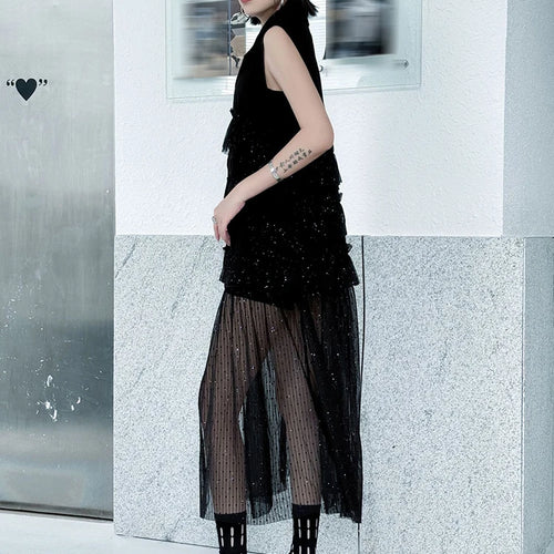 Load image into Gallery viewer, Women Black Singles Breasted Mesh Big Size Midi Vest Dress New Lapel Sleeveless Fashion Tide Spring Autumn 2025 1DJ1041
